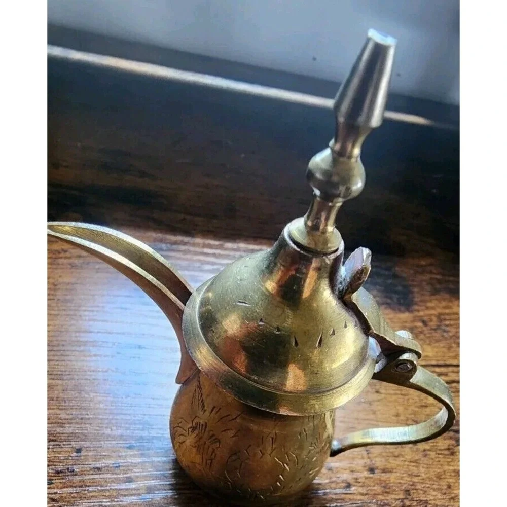 Antique Mini Islamic Middle East Dallah Brass Coffee‎ pot Copper 5" UAE Signed - Picture 8 of 8
